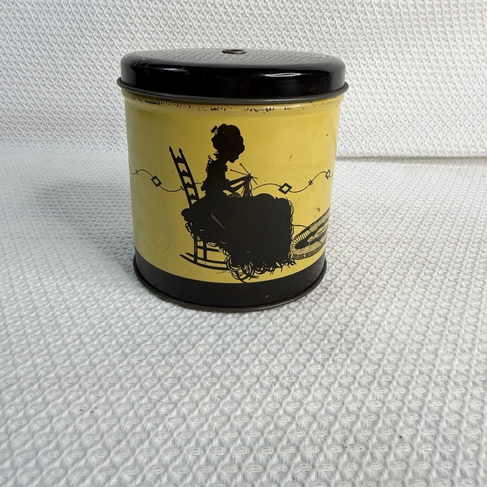 Vintage Silhouette Knitting Yarn Tin Yellow Black Mid Century Cat Rocking Chair